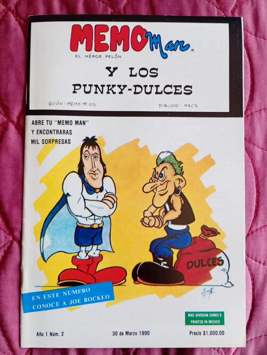Portada de MemoMan, el héroe pelón: Y los punky-dulces, con guion de Memo Ríos y dibujos de MACS